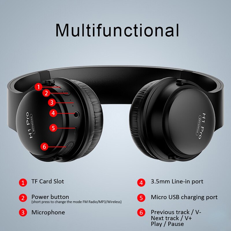 Casque sans fil H1 Pro Casque supra-auriculaire compatible Bluetooth 5.0 Écouteur stéréo HIFI avec prise en charge du micro Carte TF / câble audio