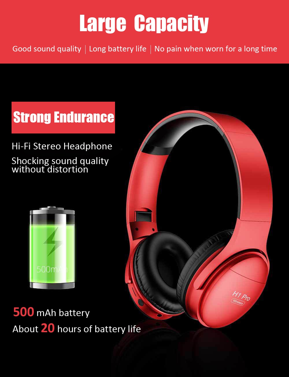 Casque sans fil H1 Pro Casque supra-auriculaire compatible Bluetooth 5.0 Écouteur stéréo HIFI avec prise en charge du micro Carte TF / câble audio