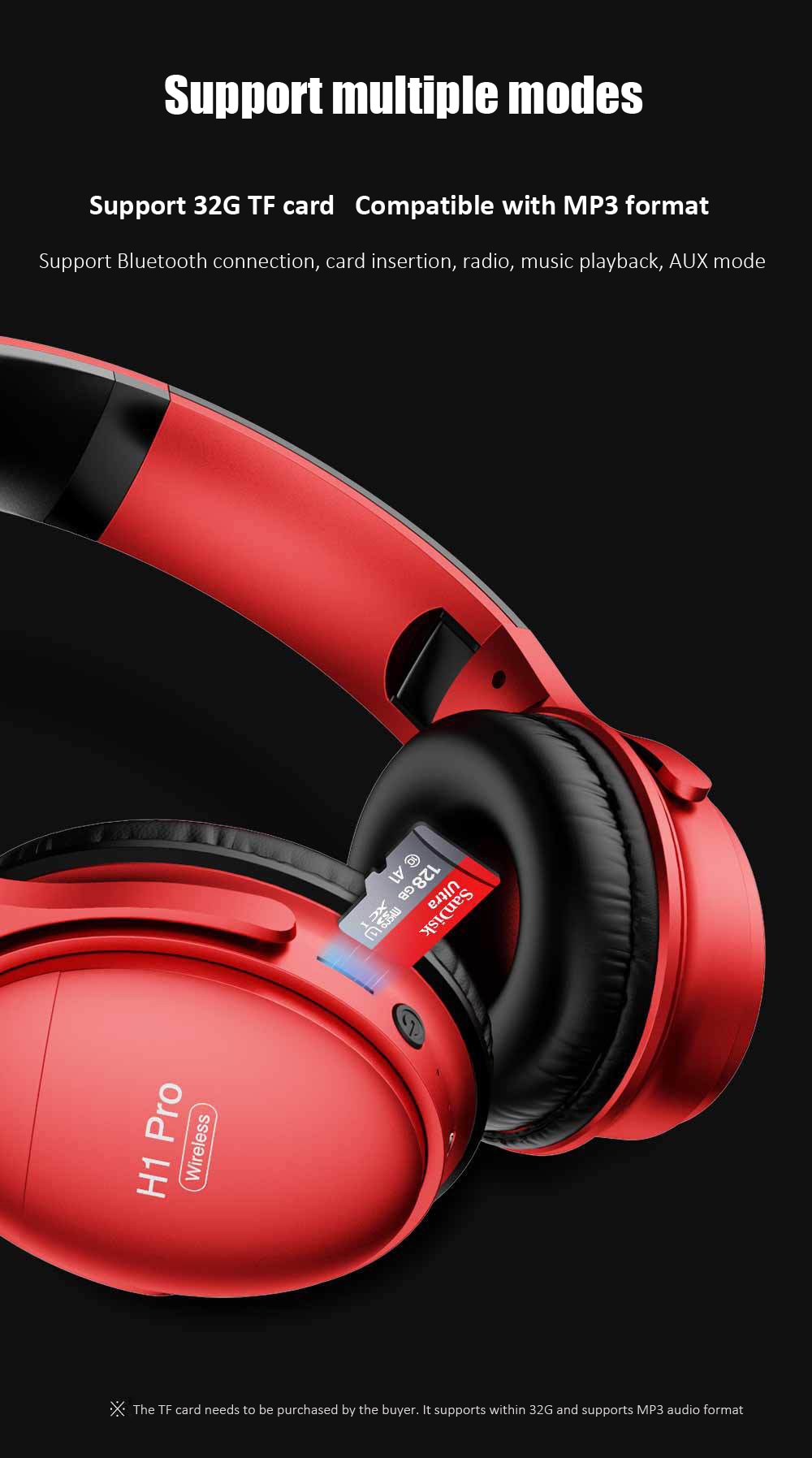 Casque sans fil H1 Pro Casque supra-auriculaire compatible Bluetooth 5.0 Écouteur stéréo HIFI avec prise en charge du micro Carte TF / câble audio